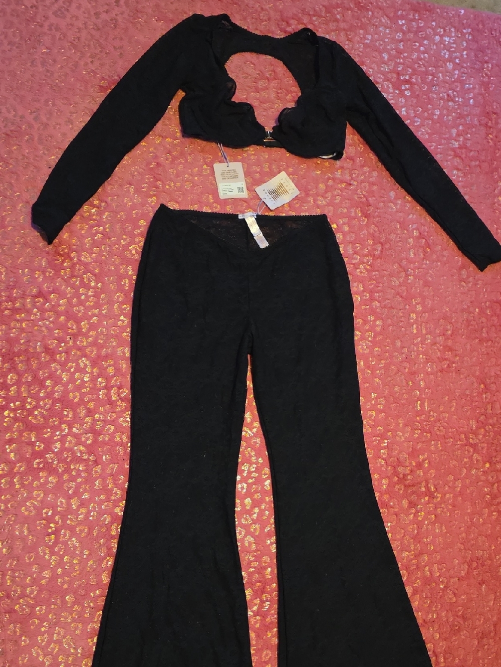 Savage X Fenty Black Lace Flare Pants with Matching Black Long-Sleeve Crop Top